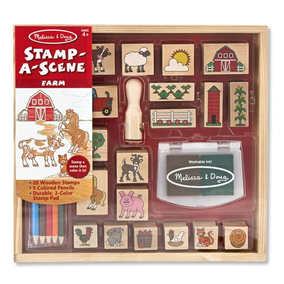 Melissa & Doug Farm Themed Wooden Stamp Set with 20 Stamps, 5 Colored Pencils, (27 Piece Set)