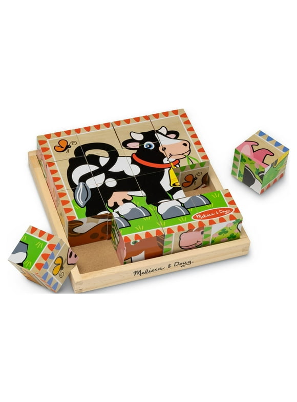 Melissa & Doug Farm Wooden Cube Puzzle With Storage Tray - 6 Puzzles in 1 (16 pcs) - FSC Certified