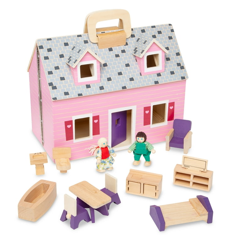 Melissa & Doug Large Wooden Dollhouse Toy Set - Fold and Go with 2