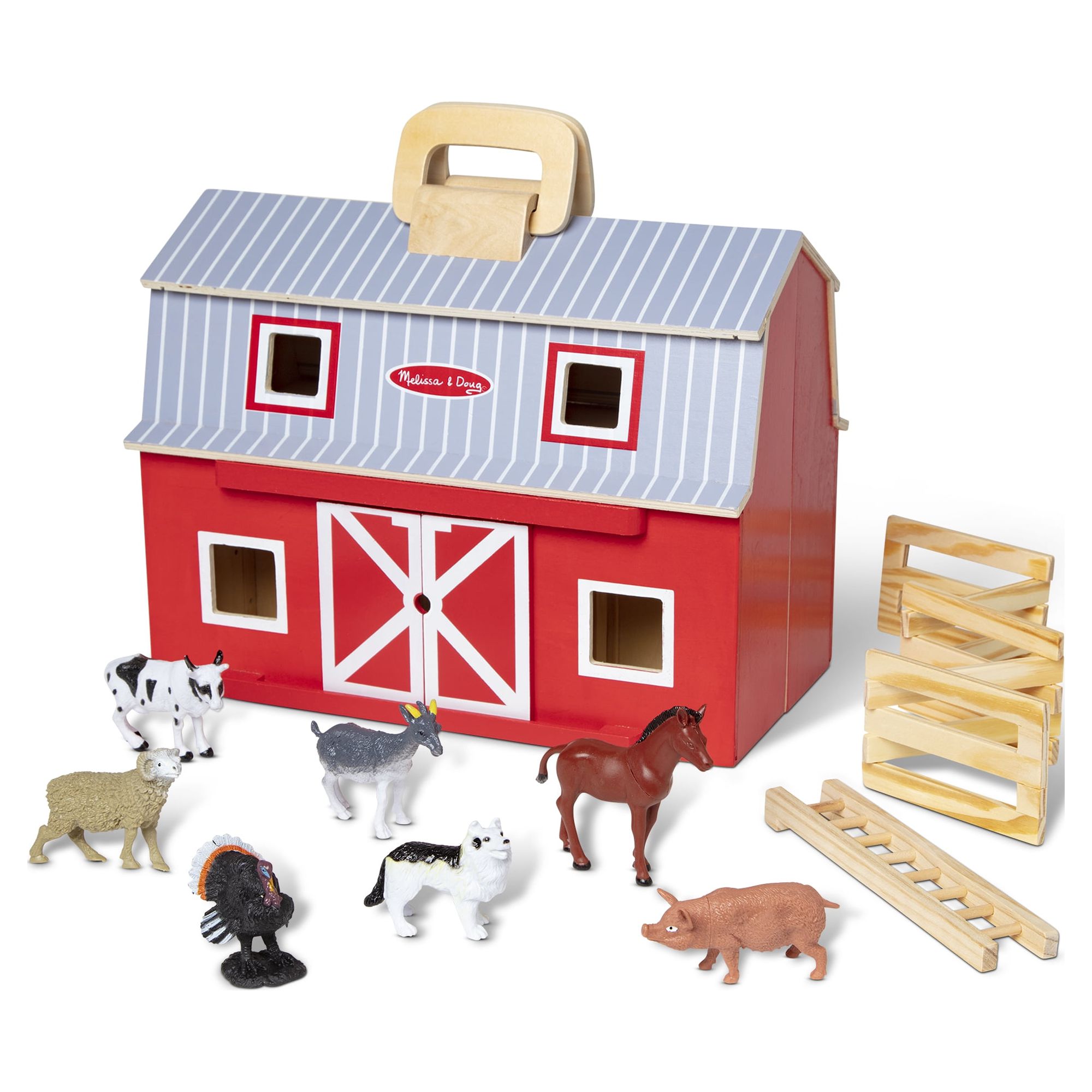 Melissa & Doug Fold and Go Wooden Barn With 7 Animal Play Figures ...