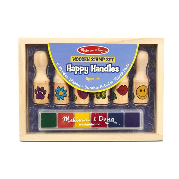 Melissa & Doug Happy Handles Wooden Stamp Set: 6 Stamps and 6-Color Stamp Pad
