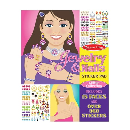 Melissa & Doug Jewelry and Nails Glitter Sticker Pad - 360+ Stickers, 15 Faces - FSC Certified