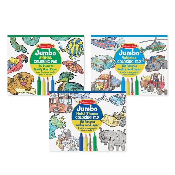 Melissa & Doug Jumbo 50-Page Kids' Coloring Pads 3-Pack - Animals, Vehicles, and Multi-Themed - FSC Certified