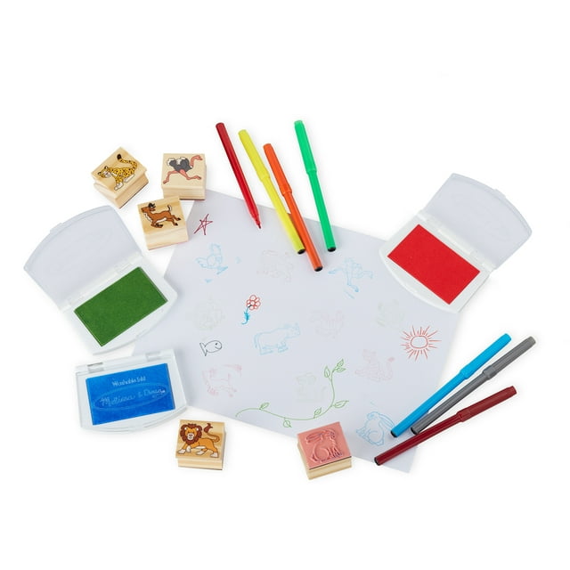 Melissa & Doug Jumbo Deluxe Wooden Stamp Set  Animals (40 Stamps, 7 Markers, 3 Colored Ink Pads)