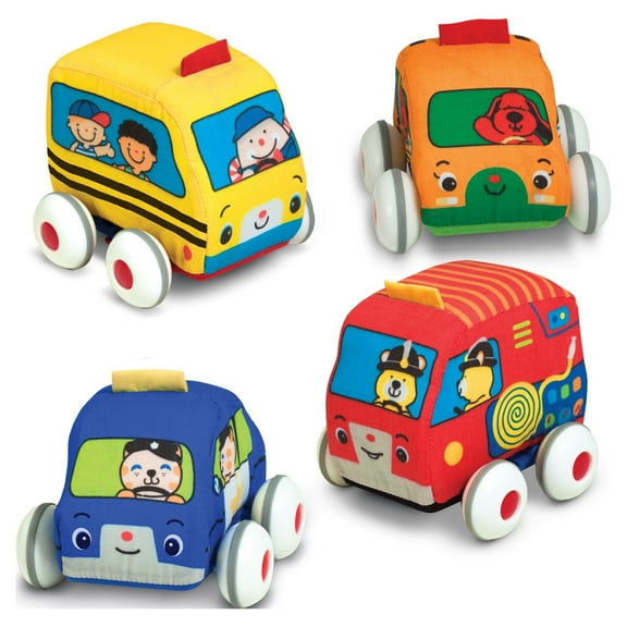 Melissa & Doug Pull-Back Vehicle Set - Soft Baby Toy Set With 4 Cars and Trucks and Carrying Case