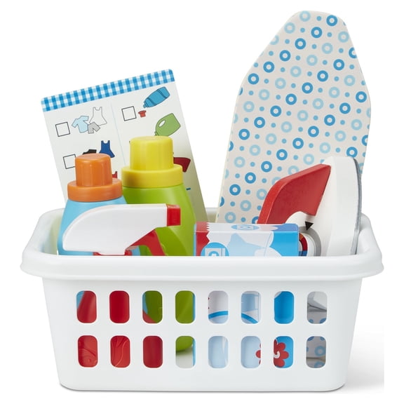 Melissa & Doug Laundry Basket Play Set With Wooden Iron, Ironing Board, and Accessories (14 Pcs)
