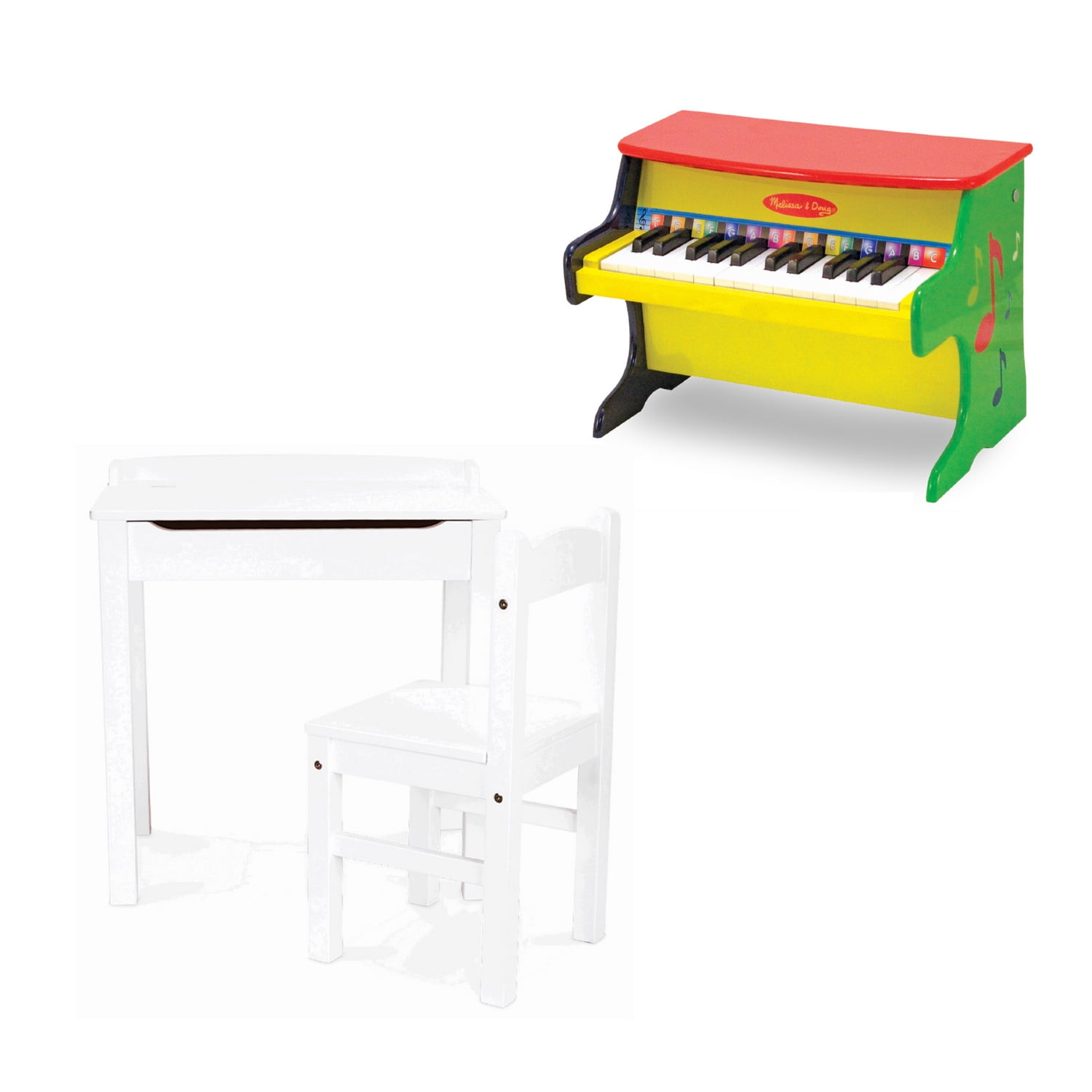 Melissa & Doug Learn-to-Play Piano with Wooden Lift-Top Desk & Chair, White