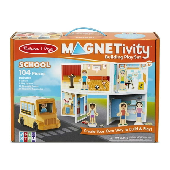 Melissa & Doug Magnetivity Magnetic Building Play Set – School with School Bus Vehicle (106 Pieces)