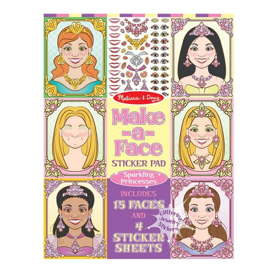 Melissa & Doug Make-a-Face Sticker Pad: Sparkling Princesses - 15 Faces, 4 Sticker Sheets - FSC Certified