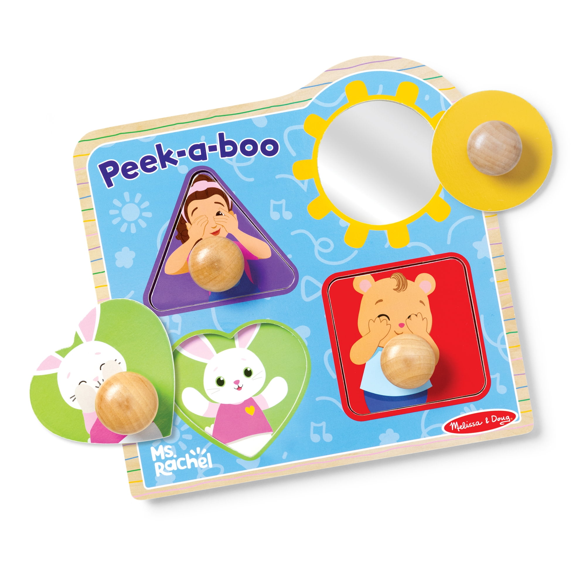 Melissa & Doug x Ms. Rachel Wooden Peek-a-Boo Jumbo Peg Puzzle 4-Piece with Mirror