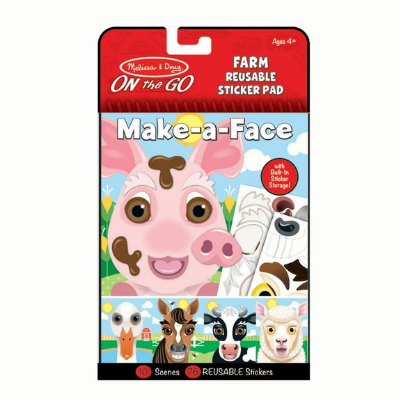 Melissa & Doug On the Go Make-a-Face Reusable Sticker Pad Travel Toy Activity Book Farm Animals (10 Scenes, 76 Cling Stickers) - FSC Certified