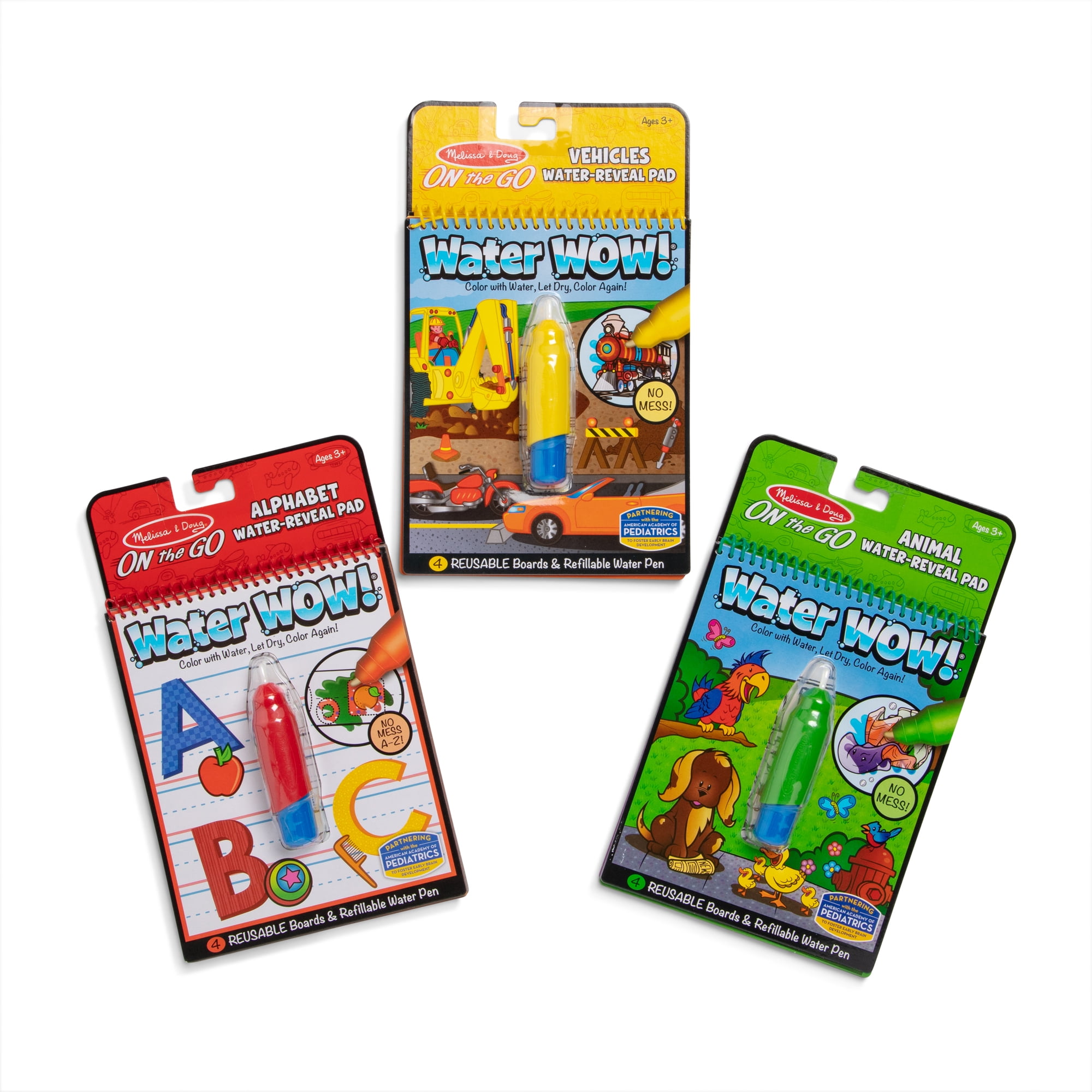 Melissa & Doug On the Go Water Wow! Reusable Water-Reveal Activity Pads,  3-pk, Vehicles, Animals, Alphabet 