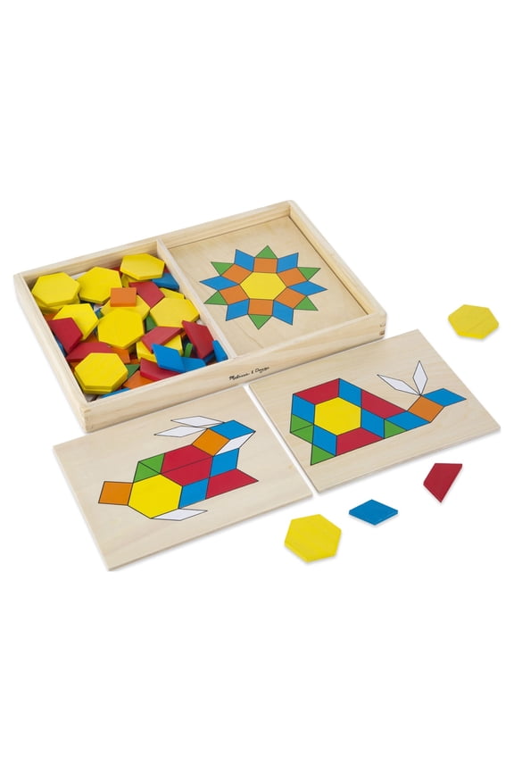 Pattern Blocks and Boards - Classic Toy With 120 Solid Wood Shapes and 5 Double-Sided Panels, Multi-Colored Animals Puzzle