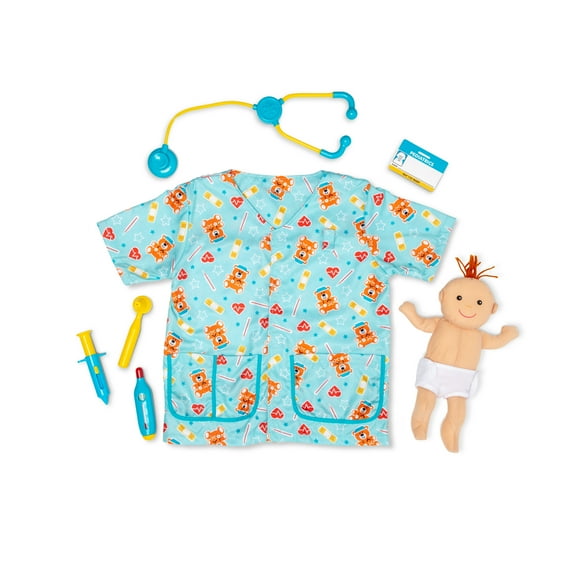 Melissa & Doug Pediatric Nurse Costume Role Play Set (8 pcs) - Includes Baby Doll, Stethoscope