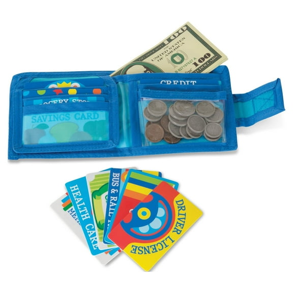 Melissa & Doug Pretend-to-Spend Toy Wallet With Play Money and Cards (45 pcs), Blue - FSC Certified