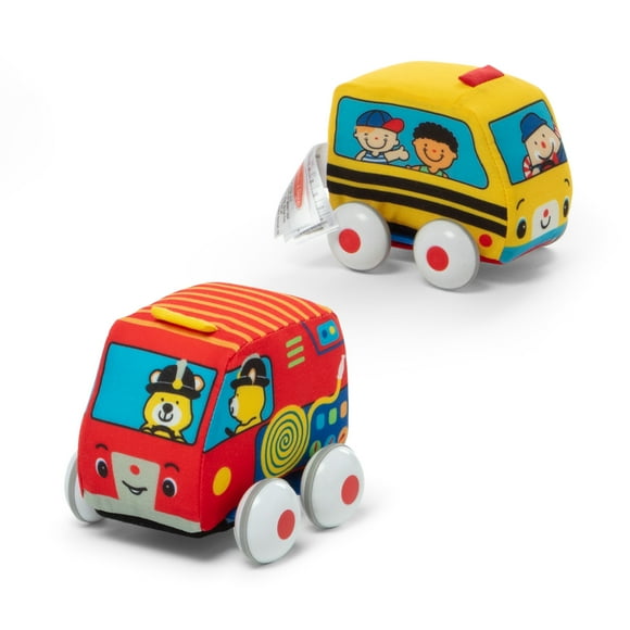 Melissa & Doug K's Kids 2 Pull-Back Vehicles Set - Soft Baby Toy Bus, Fire Engine for Girls, Boys