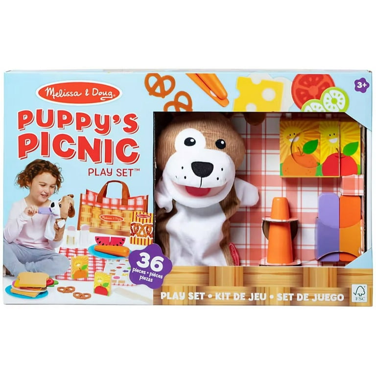 【美品】World Family - play Along Toys Melissa & Doug Puppy's Picnic Play Set, Wooden and Felt Food