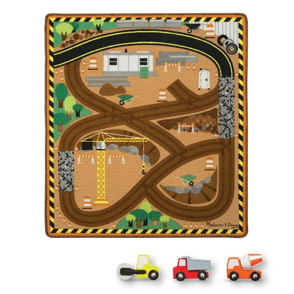 Melissa & Doug Round the Construction Zone Work Site Rug With 3 Wooden Trucks (39 x 36 inches)