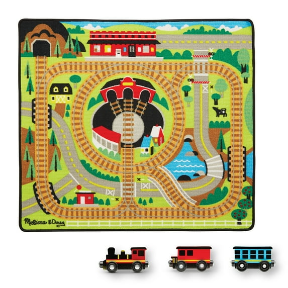 Melissa & Doug Round the Rails Train Rug With 3 Linking Wooden Train Cars (39 x 36 inches)