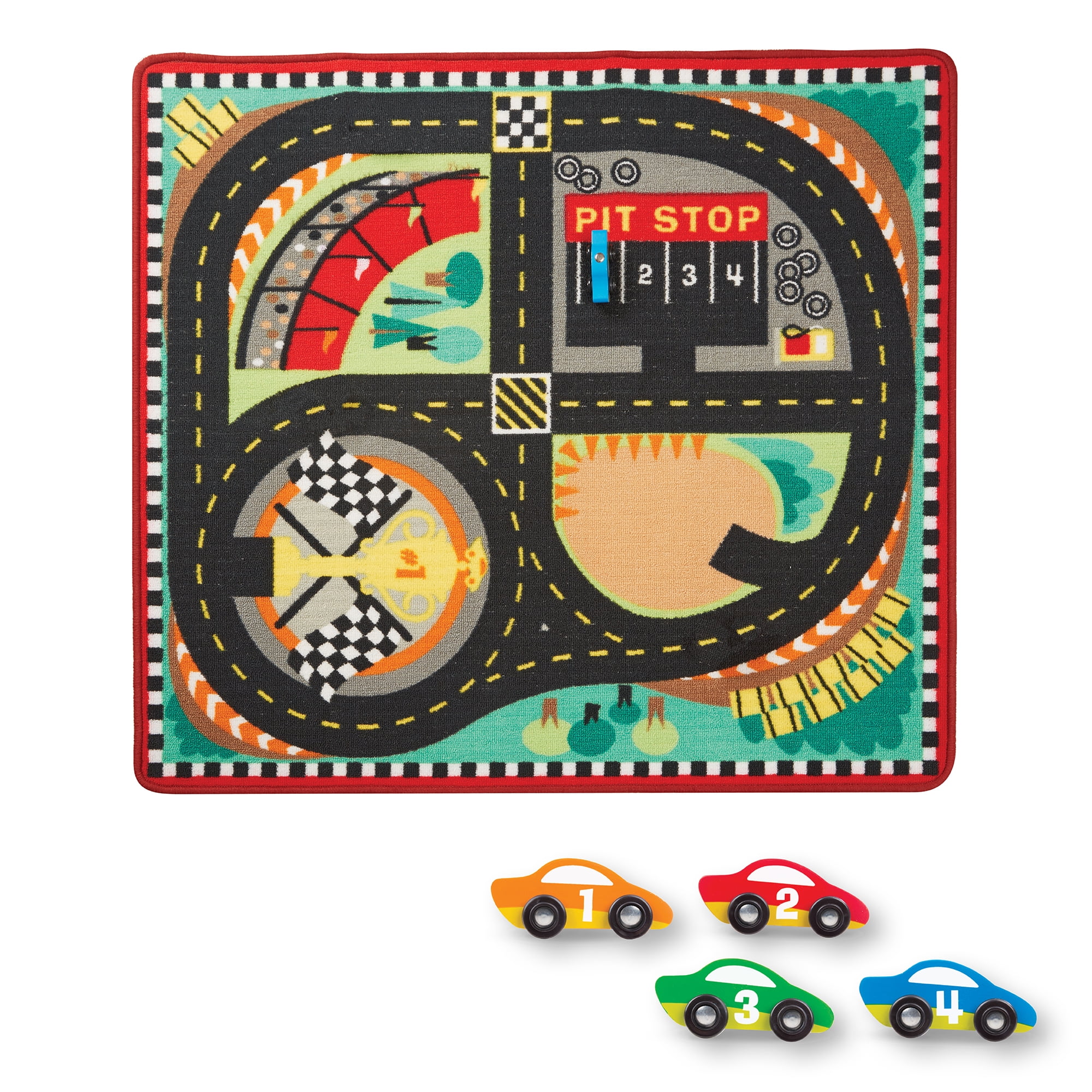 Colorful Round Race Track Play Rug with 4 Wooden Cars
