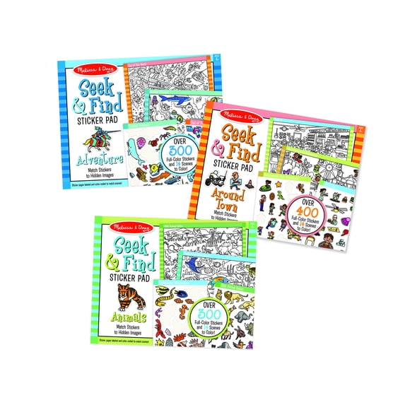 Melissa & Doug Seek & Find Sticker Pad 3-Pack, Around Town, Adventure, Animals, Each Includes 400+ Stickers, 14 Scenes to Color, 14" H x 11.1" W x 0.2"