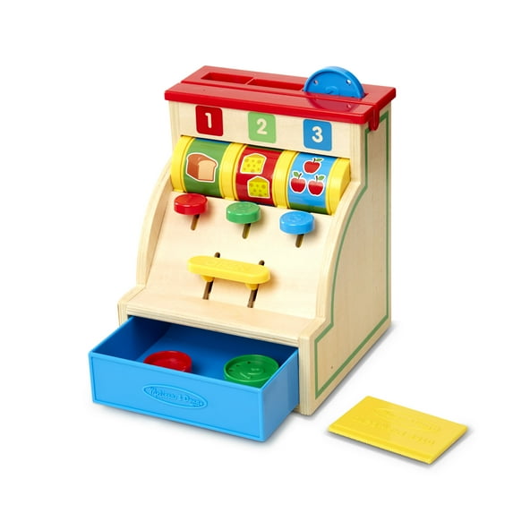 Melissa & Doug Spin and Swipe Wooden Toy Cash Register With 3 Play Coins, Pretend Credit Card