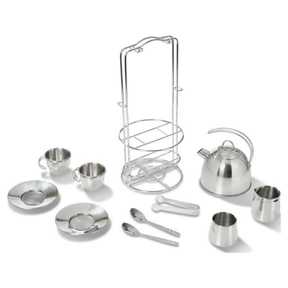 Melissa & Doug Stainless Steel Pretend Play Tea Set with Storage Rack for Kids (11 pcs)
