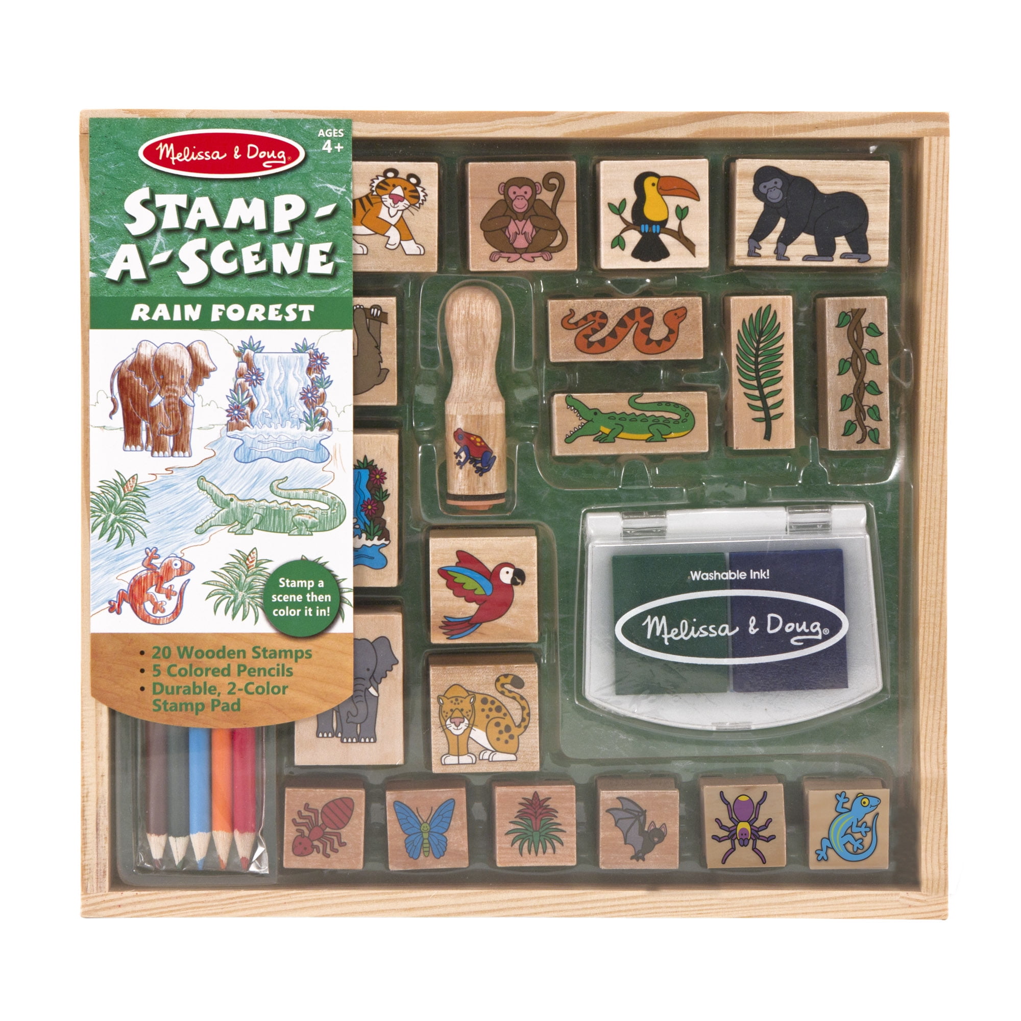 Melissa & Doug Stamp-a-Scene Stamp Set: Rain Forest - 20 Wooden Stamps, 5  Colored Pencils, and 2-Color Stamp Pad 