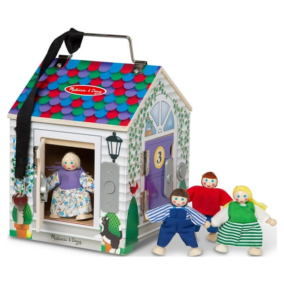 Melissa & Doug Take-Along Wooden Doorbell Dollhouse - Doorbell Sounds, Keys, 4 Poseable Wooden Dolls