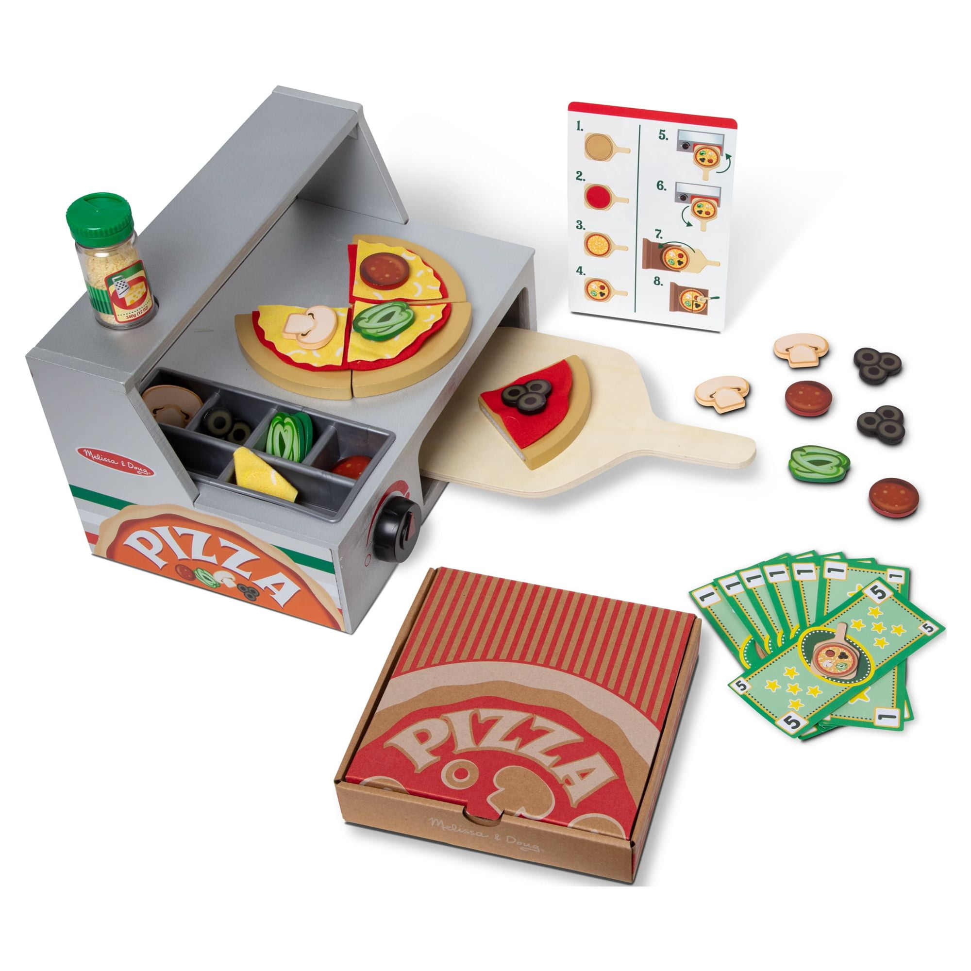 Pillowhale Wooden Toys Pizza Oven with Toppings & Accessories,Wooden Pizza  Counter Playset,Pretend Play Pizza Making Toy Set for Kids Boys Girls 3+
