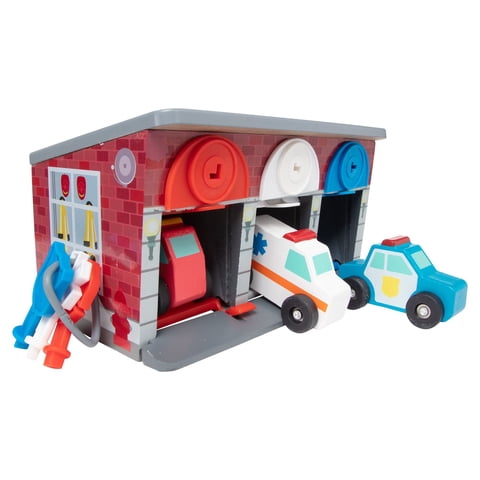 Melissa & Doug Toy Keys and Cars Wooden Rescue Vehicles and Garage (7 pcs)