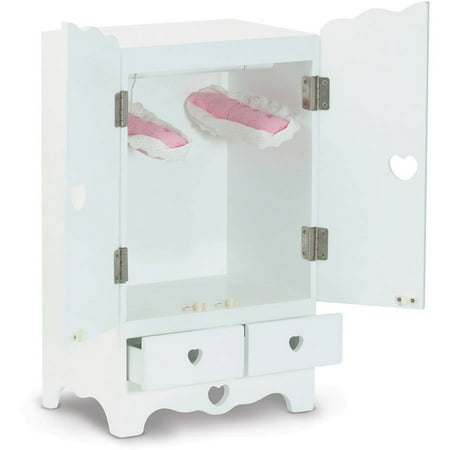 Melissa & Doug White Wooden Doll Armoire Closet with 2 Hangers, 12 x 20 x 9"