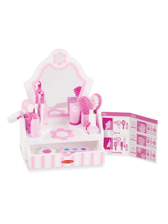 Wooden Beauty Salon Play Set with Vanity, 18 Pieces, Toddler Toy Ages 3+