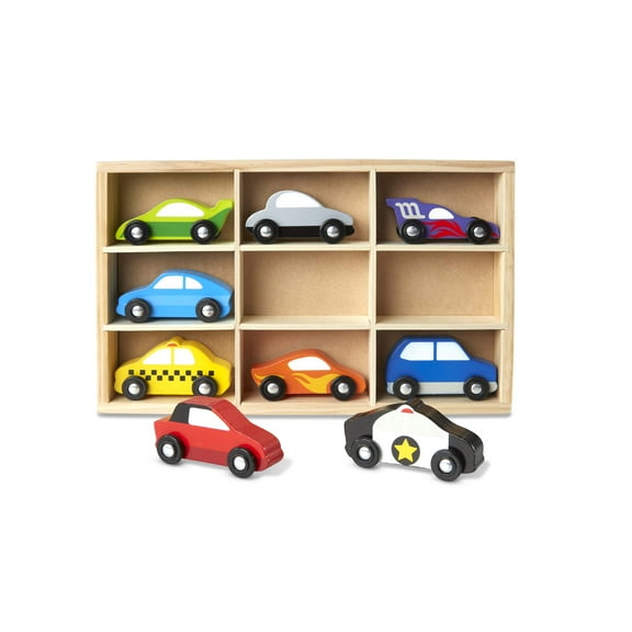 Melissa & Doug Wooden Cars Vehicle Set in Wooden Tray - 9 Pieces
