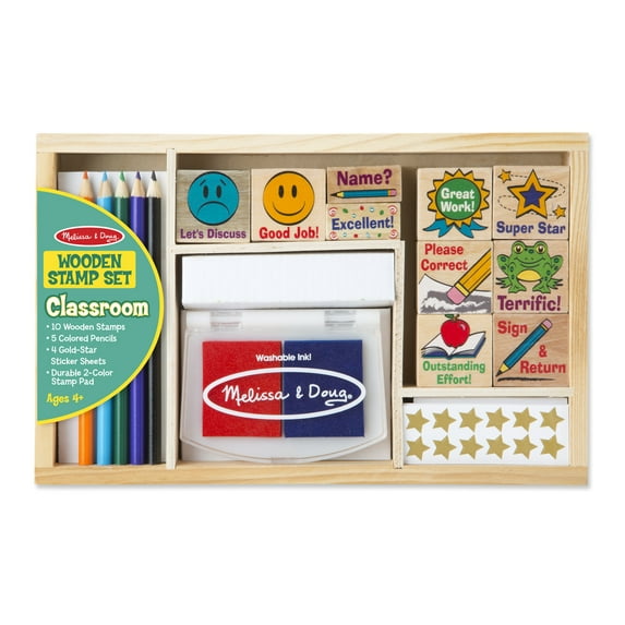 Melissa & Doug Wooden Classroom Stamp Set With 10 Stamps, 5 Colored Pencils, 4 Sticker Sheets, and 2-Colored Stamp Pad