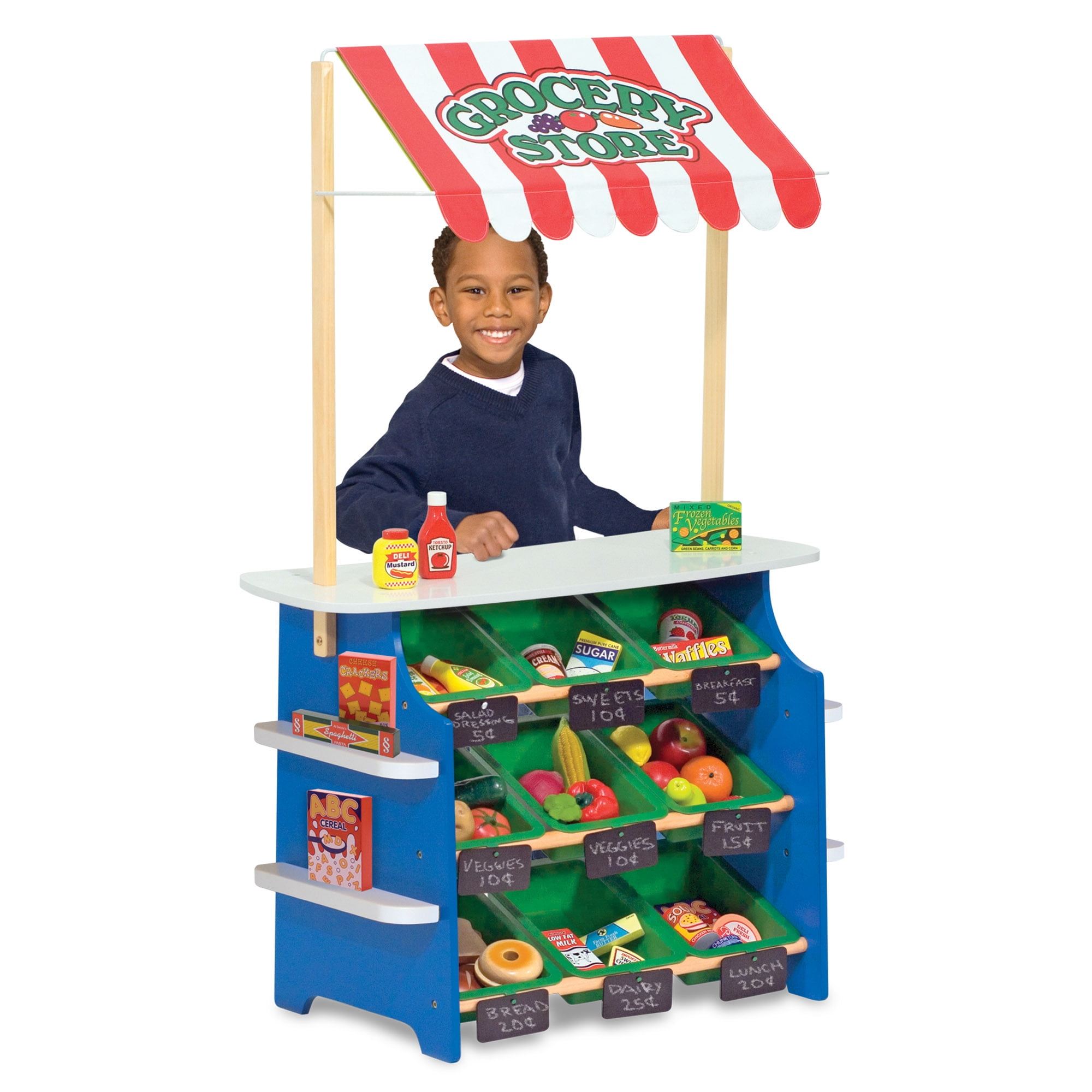 Melissa & Doug Wooden Grocery Store and Lemonade Stand - Reversible Awning,  9 Bins, Chalkboards 