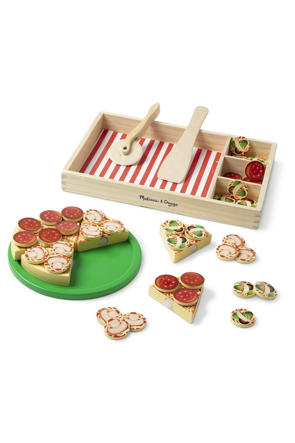 Wooden Pizza Party Play Food Set with 36 Toppings for Toddlers Age 3+