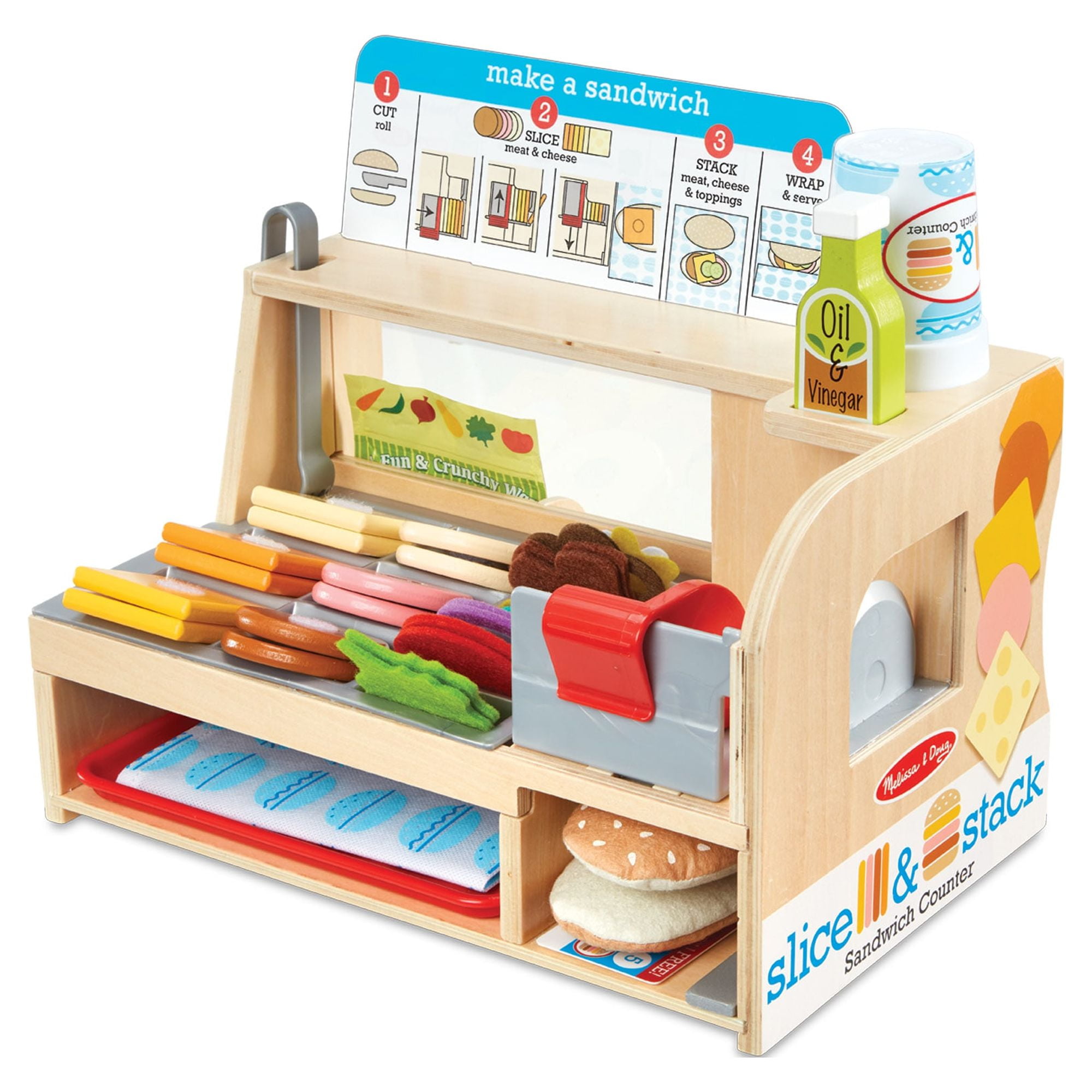 Melissa & Doug Wooden Slice & Stack Sandwich Counter with Deli Slicer –  56-Piece Pretend Play Food Pieces - FSC Certified Materials 