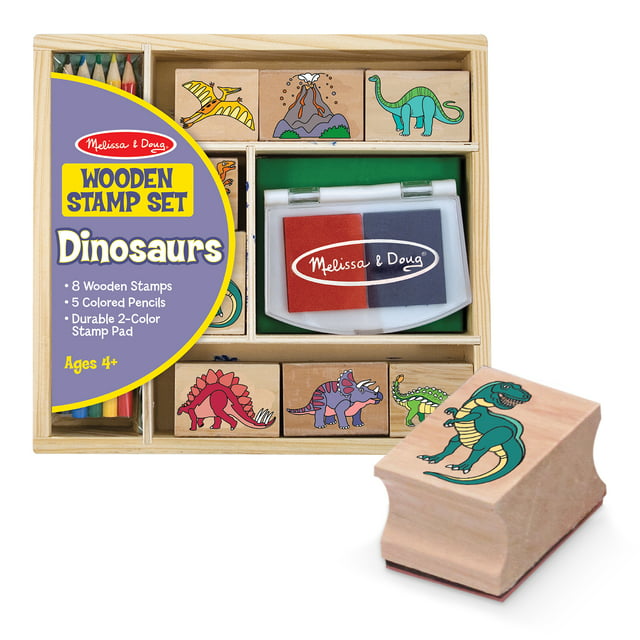 Melissa & Doug Wooden Stamp Set: Dinosaurs - 8 Stamps, 5 Colored Pencils, 2-Color Stamp Pad - FSC Certified