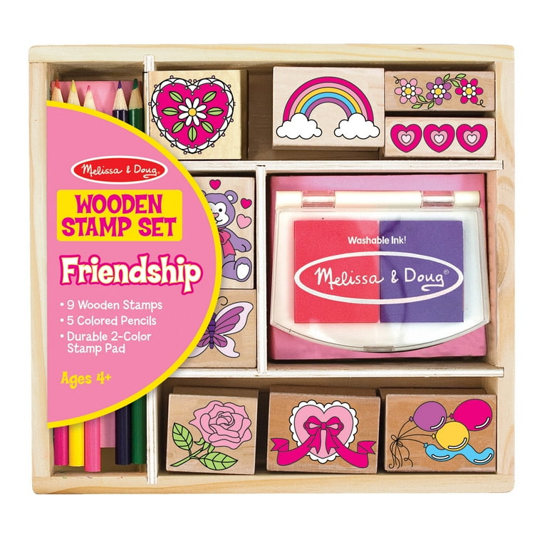 Melissa Doug Wooden Stamp Set Friendship 9 Stamps 5 Colored Pencils and 2 Color Stamp Pad FSC Certified Walmart