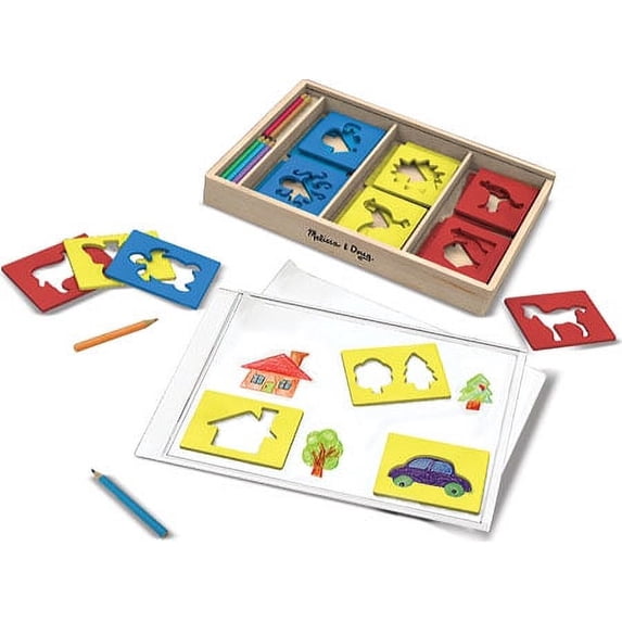 Melissa & Doug Wooden Stencil Set With 27 Themed Stencils and 4 Pencils
