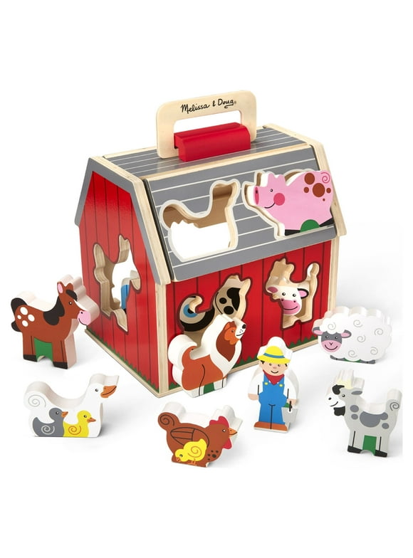 Melissa & Doug Wooden Take-Along Sorting Barn Toy with Flip-Up Roof and Handle 10 Wooden Farm Play Pieces
