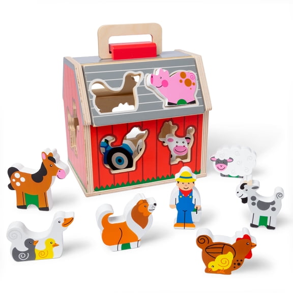 Melissa & Doug Wooden Take-Along Sorting Barn Toy with Flip-Up Roof and Handle 10 Wooden Farm Play Pieces