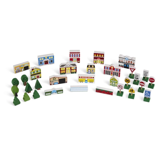 Melissa & Doug Wooden Town Play Set With Storage Tray (32 piece), Child