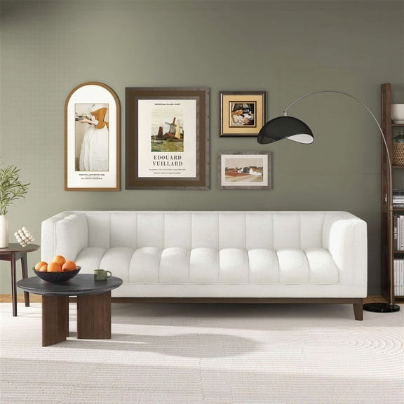 Living Room Modern Mid-Century White Boucle Sofa 220×80×75cm with Durable Fabric