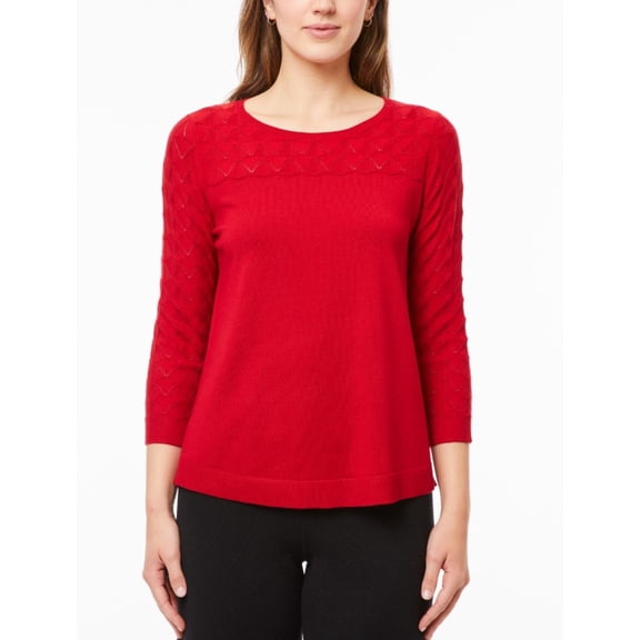 Melissa Paige Women's Wave-Knit Scoop Neck 3/4-Sleeve Sweater Red Size XS