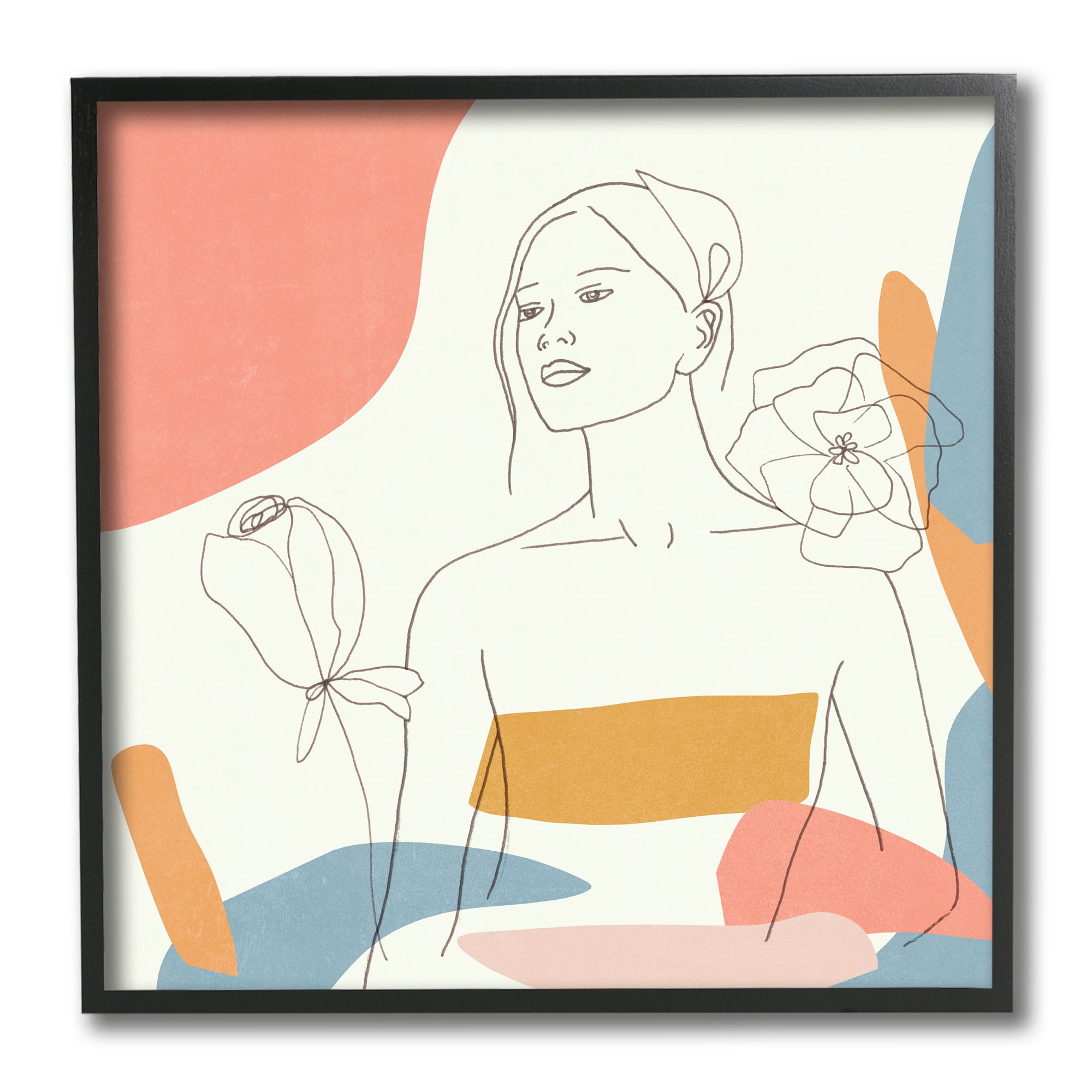 Melissa Wang Female Line Portrait Spring Florals Expressive Shapes 12" x 12" Framed Painting Art Prints, by Stupell Home Décor