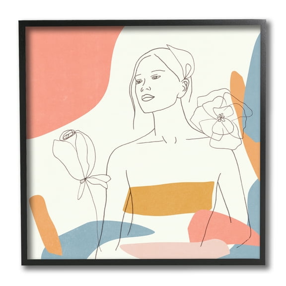Melissa Wang Female Line Portrait Spring Florals Expressive Shapes 12" x 12" Framed Painting Art Prints, by Stupell Home Décor