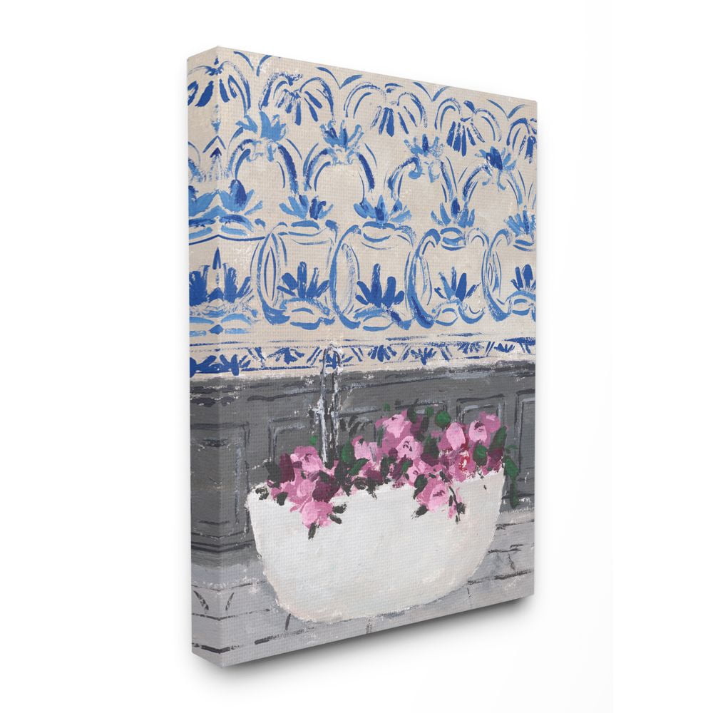 Melissa Wang Flowers In Bath Tub Pink Blue Interior Design 24 in x 30 in Painting Canvas Art Print, by Stupell Home Décor