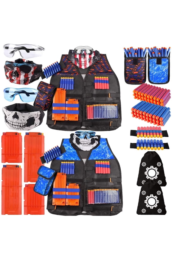 Kids Tactical Vest 2 Pack Set Gun Toys – 2 Vests With Dart Pouches, Tactical Mask, Refill Dart Pouch, Protective Glasses, Wrist B For Kids Outdoor Games